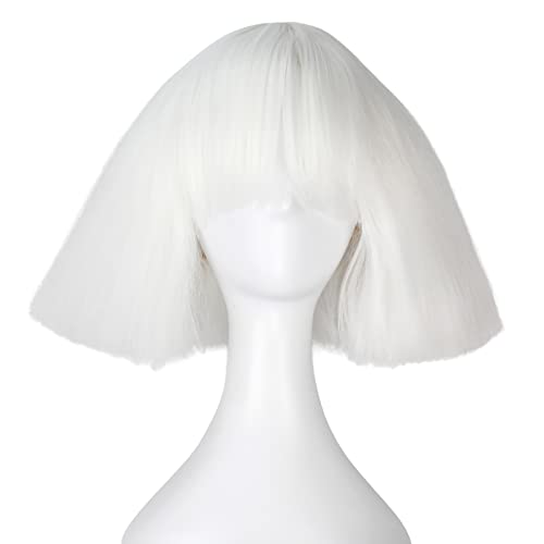 iCos Short Kinky Straight Hair Wig for Women White Fluffy Bob Wig with Bangs Punk Halloween Cosplay Costume Wig