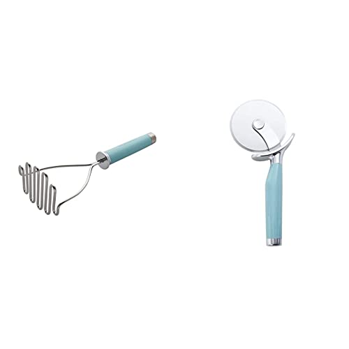 KitchenAid Gourmet Stainless Steel Wire Masher, 10.24-Inch, Aqua Sky and KitchenAid Classic Pizza Wheel, 9-Inch, Aqua Sky