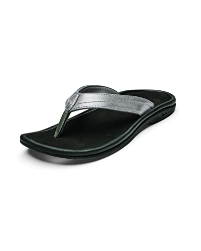 OLUKAI Ohana Women's Beach Sandals, Quick-Dry Flip-Flop Slides, Water Resistant, Wet Grip Soles & Compression Molded Footbed, Pewter/Black, 9