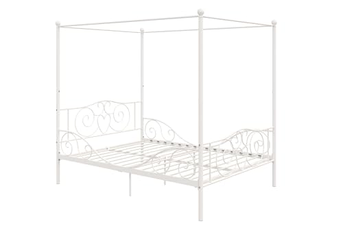 DHP Metal Canopy Kids Platform Bed with Four Poster Design, Scrollwork Headboard and Footboard, Underbed Storage Space, No Box Sring Needed, Full, White