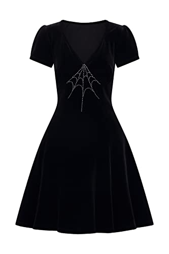 Hell Bunny Morticia Crystal Spider Web Black Gothic Wicca Velvet Dress (as1, Alpha, m, Regular, Regular, Medium)