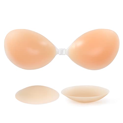 RELIRELIA Women's Sticky Self Adhesive Invisible Strapless Reusable Silicone Push Up Backless Bra, Nude, 30-40B