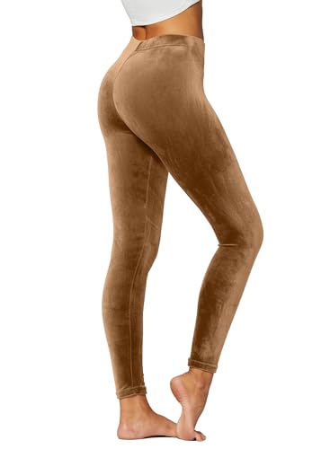Premium Velvet Leggings for Women - Ultra-Soft Warm Velour Pants - Camel - 1X-2X