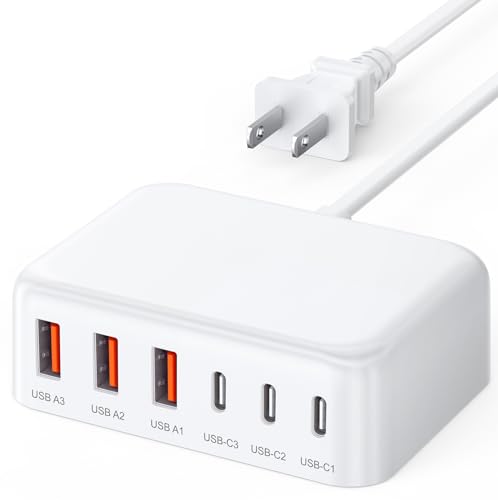 USB C Charger Block, 100W GaN 6 Port PD USB C and QC USB A Wall Charger Adapter Plug Cube, Super Fast Type C Charging Station Hub for iPhone 15 14 13 12 Pro Max iPad Samsung Pixel 5ft Extension Cord