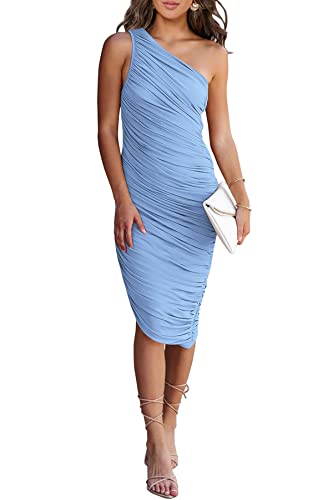 PRETTYGARDEN Women's Ruched Bodycon Dress 2023 Summer One Shoulder Sleeveless Party Cocktail Pencil Dresses (Light Blue,Medium)
