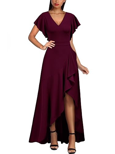 Miusol Women's Formal V Neck Ruffle Split Evening Party Long Dress (Large, Burgundy)
