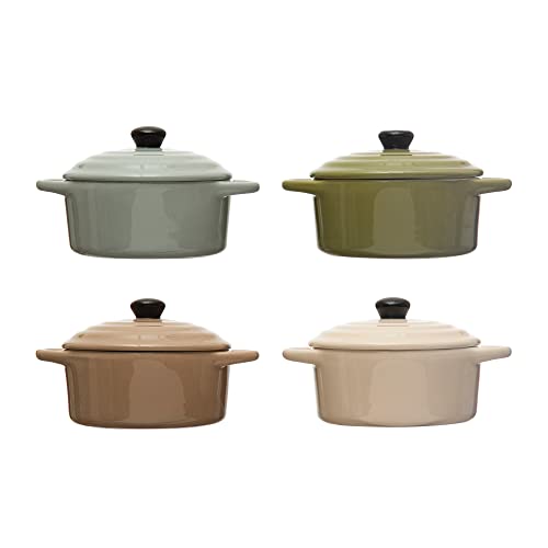 Creative Co-Op Stoneware Mini Bake Pans with Lids, Set of 4 Colors Baker, Multi