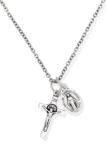 Silver Oxidized Italian Crucifix and Mary Mini Miraculous Medal Necklace on 16' Stainless Steel Chain - Jesus Mary Chain Catholic Necklace for Women, Couples Necklace, Unisex Religious Medal Necklace