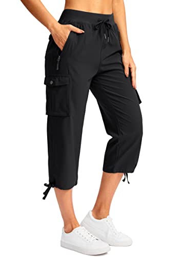 Soothfeel Women's Cargo Capris Pants with 6 Pockets Lightweight Quick Dry Travel Hiking Summer Pants for Women Casual (Black, XL)