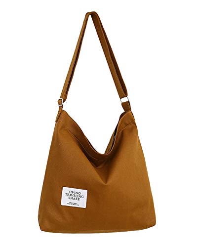 Covelin Women's Retro Large Size Canvas Shoulder Bag Hobo Crossbody Handbag Casual Tote Pale Brown