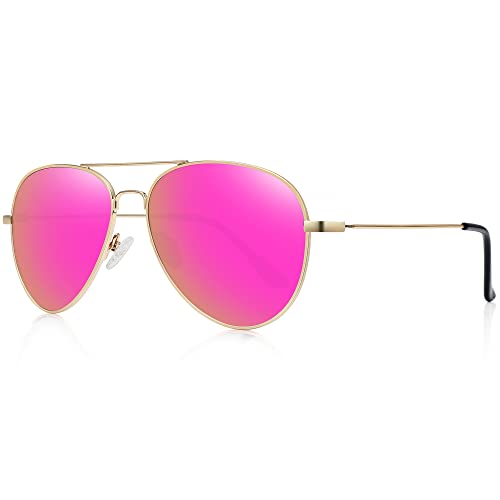 WOWSUN Classic Polarized Aviator Sunglasses for Women Men (Golden Frame Purple Pink Mirrored Lens)