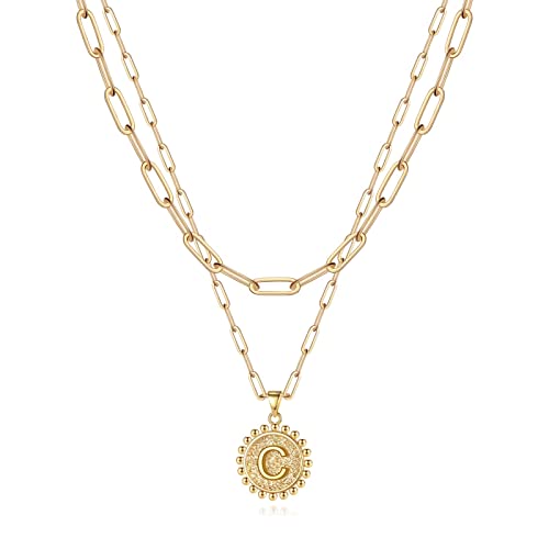 Yoosteel Gold Initial Necklaces, 14K Gold Plated Dainty Paperclip Chain Personalized Disc Initial C Letter Layered Gold Necklaces for Women Girls Gifts