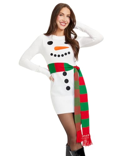 Women's Snowman Ugly Sweater Dress - White Snowman Christmas Dress with Scarf: Medium