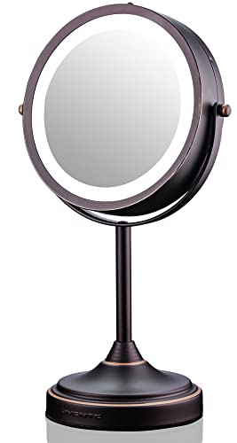 OVENTE 7'' Lighted Tabletop Makeup Mirror, 1X & 7X Magnifier, Spinning Double Sided Round LED, Great for Vanity, Bath, & Bedroom, Battery Powered, Antique Bronze MCT70ABZ1X7X
