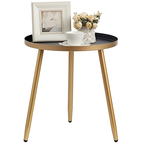 AOJEZOR Round End/Side Tables for Living Room, Bedrooms Narrow Night Stands Cute Pedestal Plant Stand for Balcony, Black Tray with 3 Legged Gold Coffee/ Accent Table