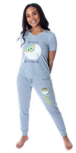 Star Wars Women's The Mandalorian Baby Yoda Wake Up Face Shirt and Jogger Pants 2 Piece Loungewear Pajama Set (Large) Grey