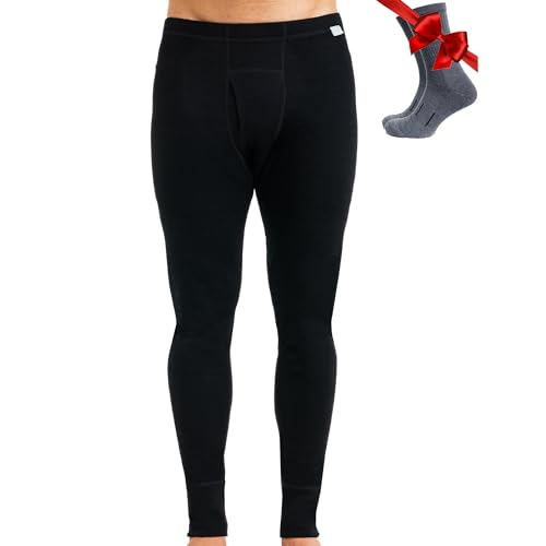 Merino Wool Base Layer Mens Bottom Pants 100% Merino Wool Thermal Underwear Long Johns Midweight + Wool Socks (Large, Black 250)