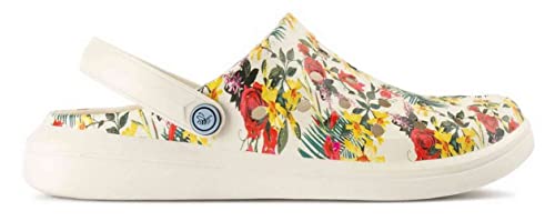 Joybees Womens Varsity Clog, Comfortable Slip-on Water Friendly Athletic Clog, Adults Varsity Clog Graphic, Bone Tropical Floral, Women's Size 7