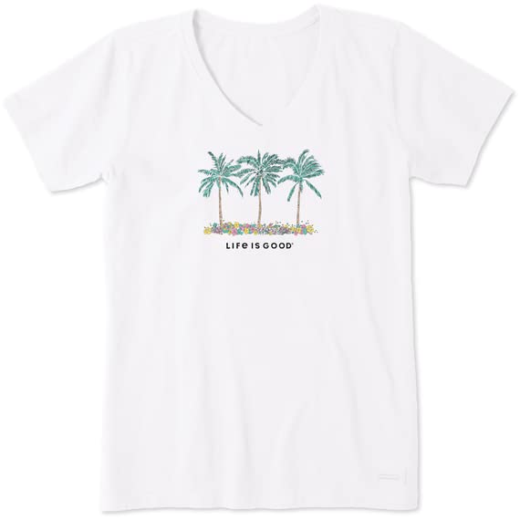 Life is Good Women's Cool Palm Flowers Short Sleeve Crusher Vee (Medium, Cloud White)