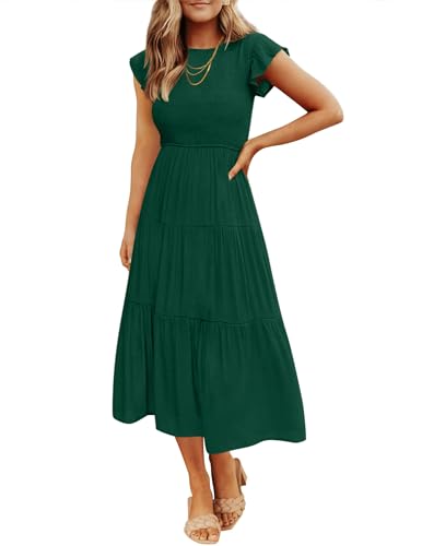 ZESICA Women's 2023 Summer Casual Flutter Short Sleeve Crew Neck Smocked Elastic Waist Tiered Midi Dress,DarkGreen,Small