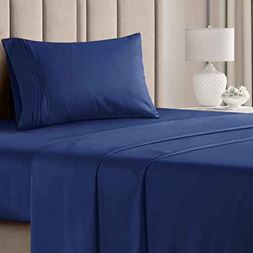 Twin Size 3 Piece Sheet Set - Comfy Breathable & Cooling Sheets - Hotel Luxury Bed Sheets for Women & Men - Deep Pockets, Easy-Fit, Extra Soft & Wrinkle Free Sheets - Navy Blue Oeko-Tex Bed Sheet Set