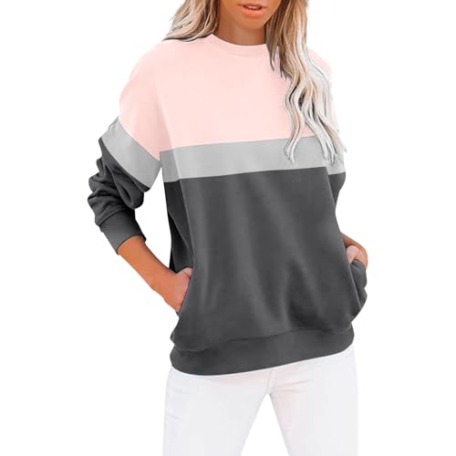 Hoodie Women,Deals of The Day Lightning Deals,Women's Casual Long Sleeve Color Block/Solid Tops Crewneck Sweatshirts Cute Loose Fit Pullover with Pockets,5-Pink,X-Large