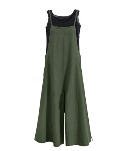 YESNO Women Casual Loose Long Bib Pants Wide Leg Jumpsuits Baggy Cotton Rompers Overalls with Pockets (M PZZTYP2 Dark Army Green)
