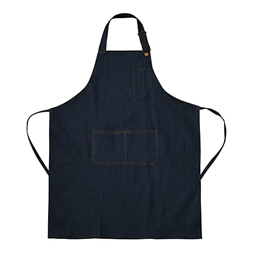 Tosewever Denim Apron with Pockets for Men Women Chef Kitchen BBQ Restaurant Grill Adjustable Neck Strap Long Ties Suitable M to XXL Tool Aprons (Dark Blue)