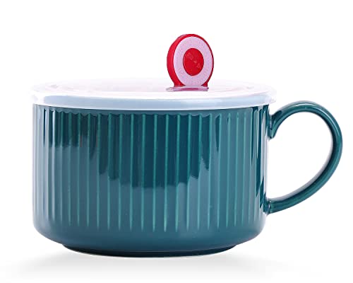 WHJY 30oz Ceramic Bowl with Lid and Handle for Soup and Instant Noodles Soup Mug, Modern Simple Style, with Heat Preservation Handle - Dark green