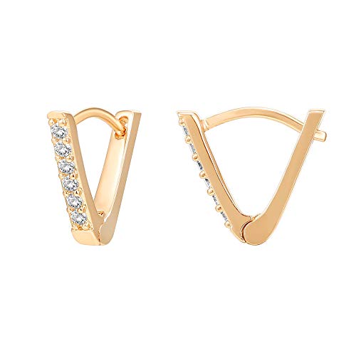 PAVOI 14K Gold Plated Sterling Silver Post V-Shaped Huggie Earrings - Cubic Zirconia Studded Small Hoop Earrings for Women in Yellow Gold Plating
