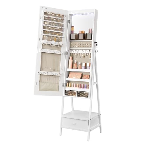 SONGMICS LED Mirror Jewelry Cabinet Standing, Lockable Jewelry Armoire with Full-Length Mirror, Space-Saving Jewelry Organizer with Mirror, Drawer and Shelf, Gift Idea, Cloud White UJJC025W01