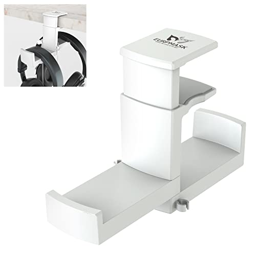 PC Gaming Headphone Stand, Dual Headset Hanger Hook Holder with Adjustable & Rotating Arm Clamp , Under Desk Design , Universal Fit , Built in Cable Clip Organizer (White)