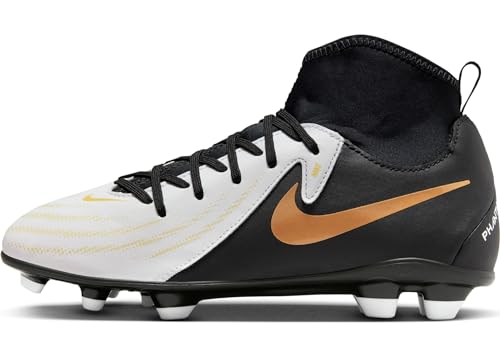 Nike Jr. Phantom Luna 2 Club Little/Big Kids' MG High-Top Soccer Cleats (FJ2601-100, White/Black-MTLC Gold Coin) Size 3
