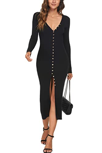 CMZ2005 Women's Long Sleeve Cardigan Maxi Dress Fall Knit Bodycon Dress Button Down Sweater Dress 6088(X-Large,Black)