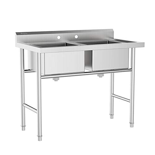 Bonnlo Commercial 304 Stainless Steel Sink 2 Compartment Free Standing Utility Sink for Garage, Restaurant, Kitchen, Laundry Room, Outdoor, 35.8' W x 21.3' D x 40' H