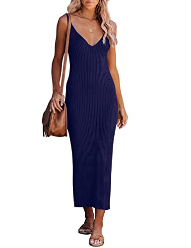MEROKEETY Womens 2023 V Neck Sleeveless Knit Dress Summer Ribbed Bodycon Sexy Maxi Dress,Navy,S