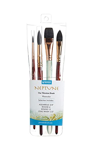 Princeton Artist Brush Neptune Series 4750-4-Piece Synthetic Squirrel Watercolor Paint Brush Set- Includes Aquarelle ¾” Oval Wash ½ & 2 Round Brushes Sizes 4 & 12