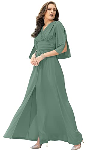 KOH KOH Plus Size Womens Long Bridesmaid Bridal Wedding Party Guest Cocktail Elegant Evening Short Flutter Sleeve Slit Tall V-Neck Dressy Maxi Dress Dresses Gown Gowns, Seafoam Pale Green 2XL 18-20