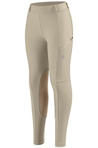 SANTINY Girls Horse Riding Pants with Zipper Pockets Kids Stretchy Equestrian Breeches Knee-Patch Youth Schooling Tights (Khaki_M)