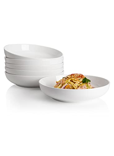 Sweese Pasta Bowls, 22 Ounce Salad White Serving Bowls Set of 6, 7.6 Inch Porcelain Plates for Serving Dinner, Salad - Microwave Dishwasher Safe