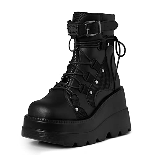 mikarka Holographic Platform Boots for Women, Lace Up Ankle Studded Buckle Goth Stacked Wedge Combat Ankle Booties