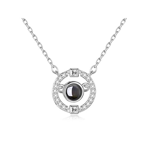 KQF Custom Circle Photo Projection Necklace with Diamonds in 925 Sterling Silver Custom Photo for Couple Pendant Necklace Gift for Girlfriend Women Girls（Silver）