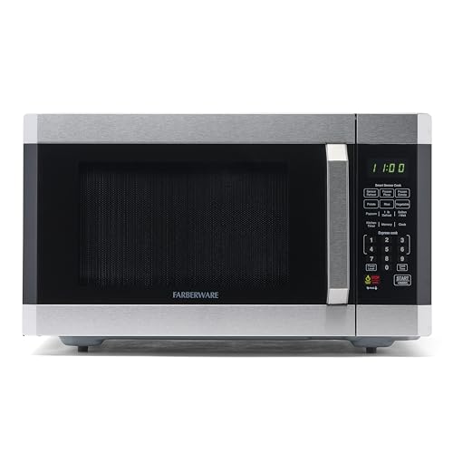 Farberware Countertop Microwave 1100 Watts, 1.6 cu ft - Smart Sensor Microwave Oven With LED Lighting and Child Lock - Perfect for Apartments and Dorms - Easy Clean Stainless Steel with Platinum,Black