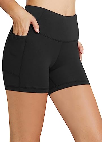 BALEAF Gym Shorts Women Biker Workout Spandex Shorts with Pockets Tummy Control Yoga Running Compression Shorts 5' Black XL