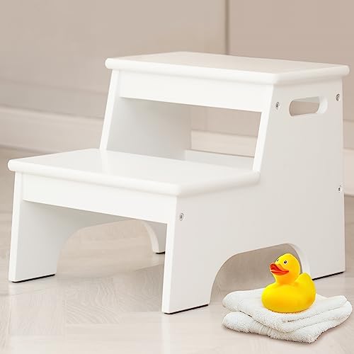 Forbena Step Stool for Kids Bathroom, Toddler Step Stool for Kitchen Counter Sink, Girl Boy Child 2 Step Stool for Toilet Potty Bed Nursery Bedroom, Non Slip Adult Stool for Closet - White Wood
