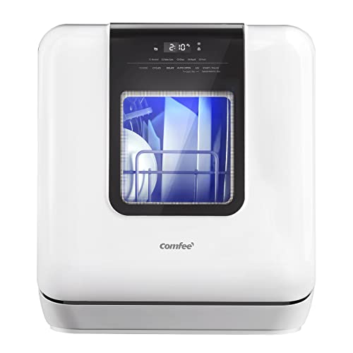 COMFEE' Countertop Dishwasher, Portable Dishwasher with 6L Built-in Water Tank, Mini Dishwasher with More Space Inside, 7 Programs, UV Hygiene& Auto Door Open, for Apartments, Dorms& RVs