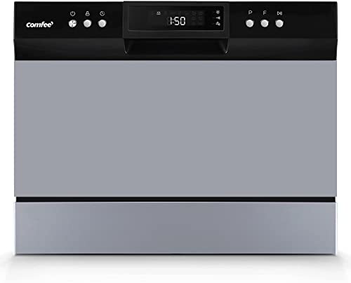 Comfee WQP6-3602H-B 6 Place Settings Mini, Heavy, Normal, Baby-Care, ECO Compact Countertop Portable Dishwasher, 8 Washing Programs, Black