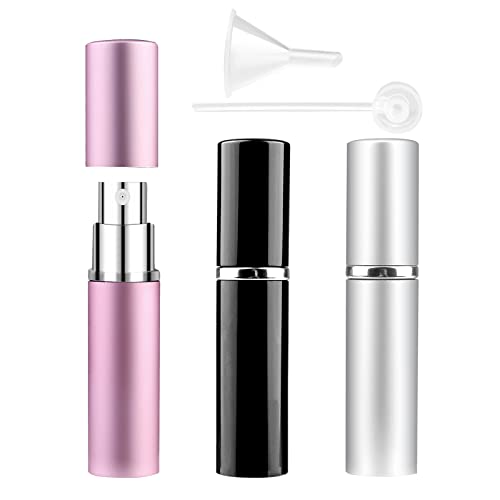 Zingso Refillable Travel Perfume Atomiser Bottles, 3 Pcs 6ml Mini Portable Spray Bottles Refillable Perfume Aftershave Atomiser Empty Travel Bottles with Funnel (6ml (Pink+Silver+Black))