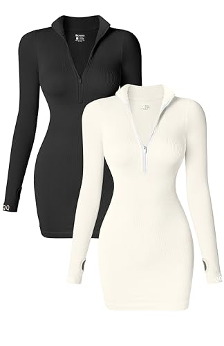 OQQ Women's 2 Piece Dresses Sexy Ribbed Zip Front Long Sleeve Tops Mini Dress Black Beige