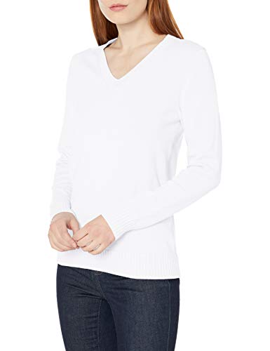 Amazon Essentials Women's 100% Cotton Long-Sleeve V-Neck Sweater, White, Medium